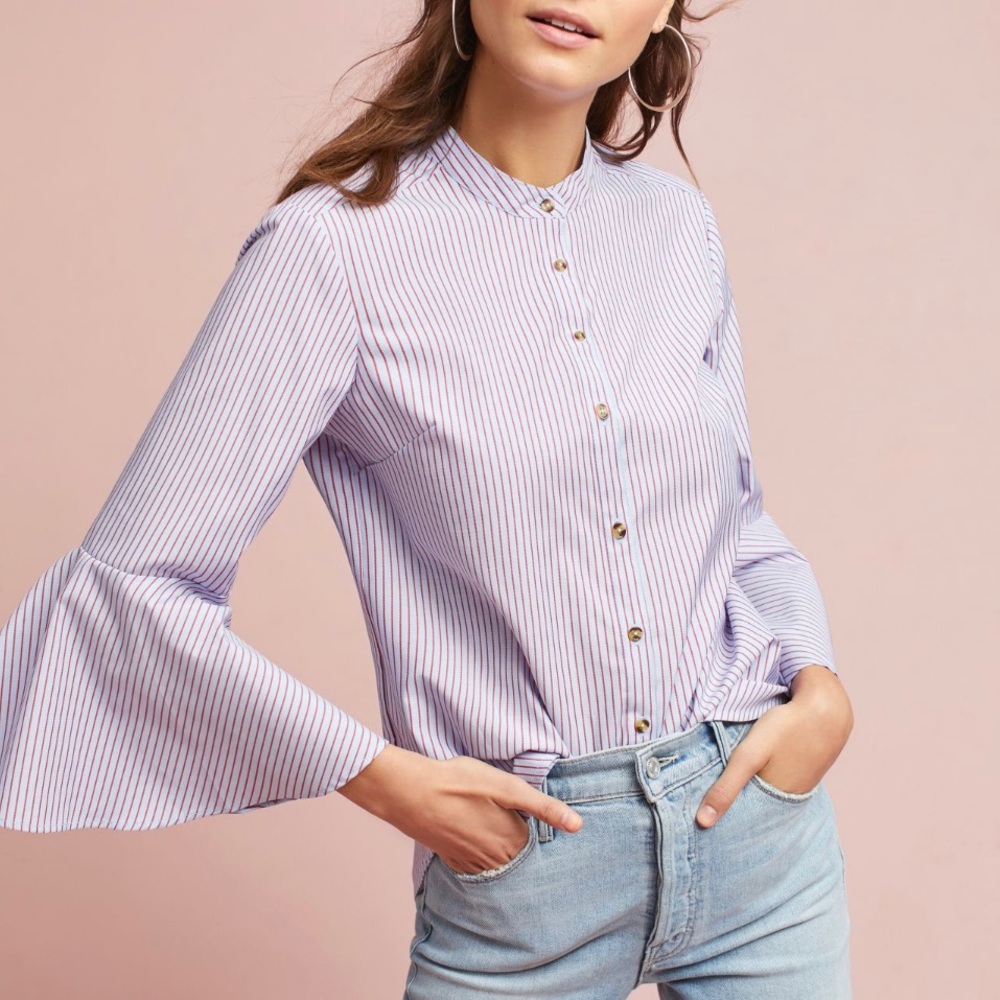ANTHROPOLOGIE / MAEVE Bell-Sleeved Poplin Buttondown - Blue w Red Stripes - Sz 0